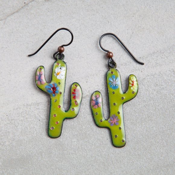 Handmade Copper Enamel Cactus Earrings Hand Crafted Artisan Vitreous Enamel - Picture 1 of 9